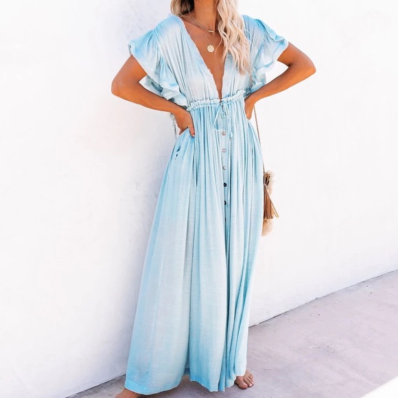 Boho Gauze Button Front Flutter Semi Sheer Maxi Dress Seafoam Blue - Picture 1 of 7